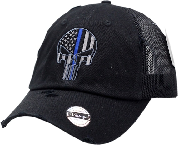 Police Punisher Blue Line Black Distressed Mesh Back With  display picture 3