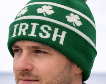 St Patricks Day - Irish Shamrock Cuffed Knit Hat with Pom