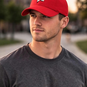 May include: A red baseball cap with a white "W" logo on the front. The cap is worn by a person wearing a dark gray t-shirt. The background is blurred, suggesting an outdoor setting.