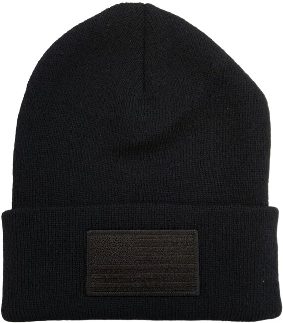 American Flag Embroidered Black Patch Sewn on Knit Beanie 
