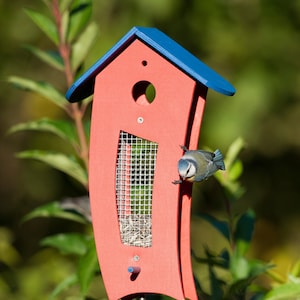 Puede incluir: Un comedero para p&aacute;jaros rojo y azul con un fondo de malla y un peque&ntilde;o p&aacute;jaro azul posado en el borde. El comedero est&aacute; hecho de madera y tiene un peque&ntilde;o agujero en la parte superior.