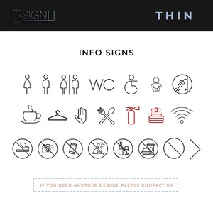 May include: A set of black and white thin line icons for public information signs. The icons include: woman, man, restroom, wheelchair, baby, shower, coffee cup, hanger, stop hand, utensils, fire extinguisher, hose, wifi, no smoking, no photography, no phone, no dogs, no alcohol, no food, no entry, and next.