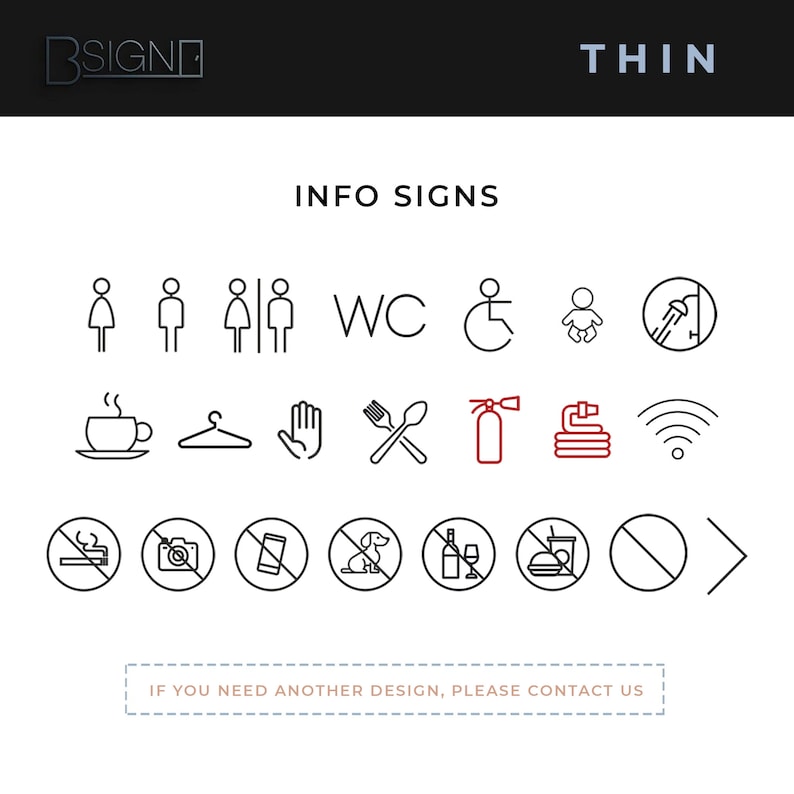 May include: A set of black and white thin line icons for public information signs. The icons include: woman, man, restroom, wheelchair, baby, shower, coffee cup, hanger, stop hand, utensils, fire extinguisher, hose, wifi, no smoking, no photography, no phone, no dogs, no alcohol, no food, no entry, and next.