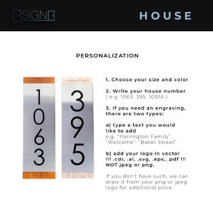 May include: Two silver metal house number signs with wooden frames. The left sign has the numbers 1063 and the right sign has the numbers 395. The text "Peterson Family" is above the numbers on the right sign. The text "Google" is below the numbers on the left sign. The text "Choose your size and color", "Write your house number (e.g. 1063, 395, 1001A)", "If you need an engraving, there are two types:", "a) type a text you would like to add e.g. "Harrington Family", "Welcome", "Baker Street"", "b) add your logo in vector !!! .cdr, .ai, .svg, .eps, .pdf !!! NOT jpeg or png.", "If you don't have such, we can draw it from your png or jpeg logo for additional price." is below the signs.