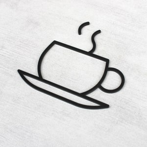 May include: Black outline of a coffee cup and saucer with steam rising from the cup.