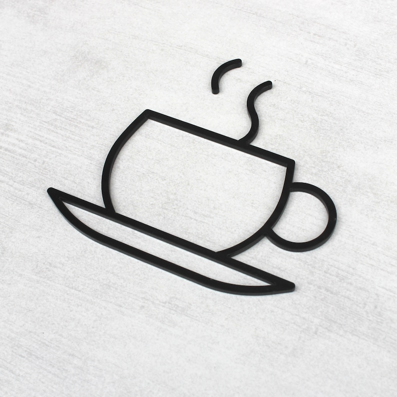 May include: Black outline of a coffee cup and saucer with steam rising from the cup.
