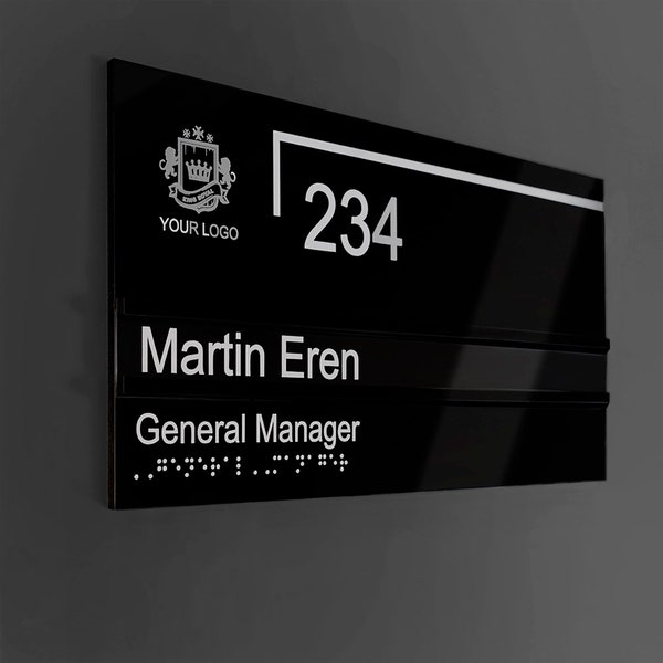 Bsign - Aangepast naambordbord met lettertype Braille voor kantoor met bedrijfslogo, bedrijfsbord, naam deurplaat, kantoordeurbord, deurbord