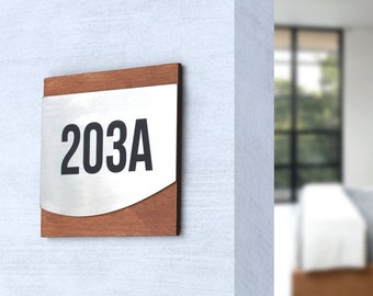 Números de puerta personalizados de madera y acero para apartamentos - Números de habitación de hotel, dirección de casa, placa de número de oficina - Letrero de número de habitación