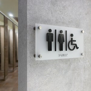 Puede incluir: Un letrero blanco con símbolos negros para baños de hombres, mujeres y accesibles. El letrero tiene texto en braille y tornillos de montaje plateados.