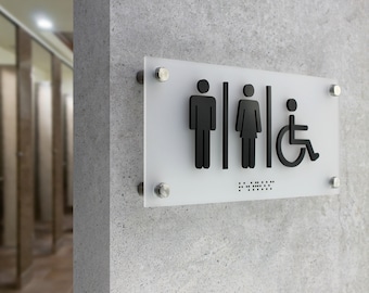 Restroom Sign with ADA Acrylic Light Matte- Toilet Door Plaque  - All Gender Restroom Plate - Acrylic All Gender Sign