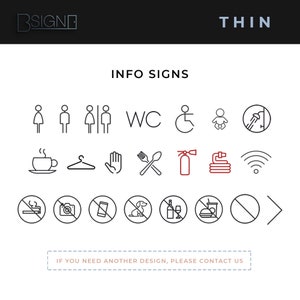 Puede incluir: Un conjunto de iconos de l&iacute;nea fina en blanco y negro para se&ntilde;ales de informaci&oacute;n p&uacute;blica. Los iconos incluyen: mujer, hombre, ba&ntilde;o, silla de ruedas, beb&eacute;, ducha, taza de caf&eacute;, percha, mano de parada, utensilios, extintor de incendios, manguera, wifi, prohibido fumar, prohibido fotografiar, prohibido el tel&eacute;fono, prohibido perros, prohibido el alcohol, prohibido los alimentos, prohibido la entrada y siguiente.