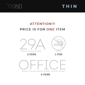 May include: A white sign with gray text that reads "ATTENTION!!! PRICE IS FOR ONE ITEM". Below the text are two rows of gray text with red lines underneath. The top row reads "29A 3 ITEMS 1 ITEM". The bottom row reads "OFFICE 6 ITEMS".