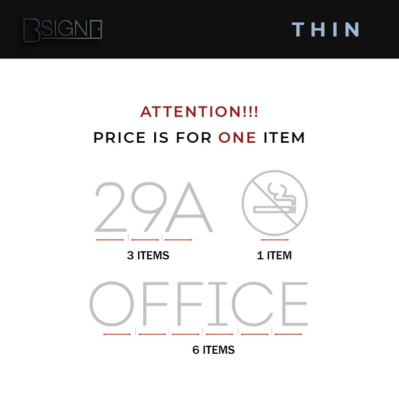 May include: A white sign with gray text that reads "ATTENTION!!! PRICE IS FOR ONE ITEM". Below the text are two rows of gray text with red lines underneath. The top row reads "29A 3 ITEMS 1 ITEM". The bottom row reads "OFFICE 6 ITEMS".