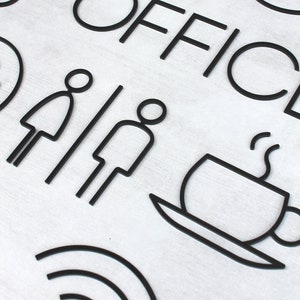 May include: Black and white sign with the word "OFFICE" in large letters. The sign also includes icons for restrooms, coffee, and wifi.