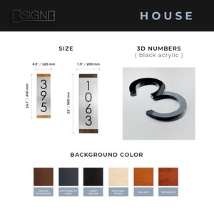 May include: House number sign with 3D black acrylic numbers. The sign is available in two sizes: 4.9 inches by 15.7 inches and 7.9 inches by 22 inches. The background color options include Indian Rosewood, Anthracite Gray, Dark Wenge, Natural Wood, Walnut, and Redwood.