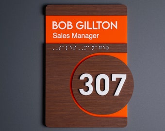 Custom Office Door Sign: Wood & Steel Name and Number Plate