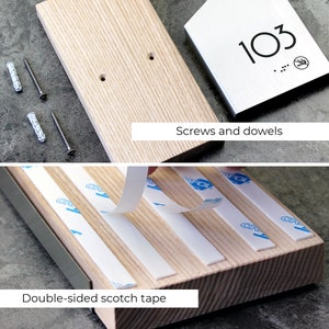 May include: A wooden plaque with two holes for screws or dowels. The plaque is shown with screws and dowels, as well as double-sided tape. The plaque is also shown with a silver metal house number plaque with the number 103.