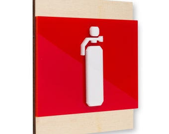 May include: A red and wood sign with a white fire extinguisher symbol. The sign is made of wood and acrylic.