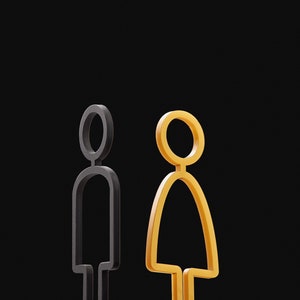 Puede incluir: Dos figuras de contorno, una negra y otra dorada, se encuentran una al lado de la otra sobre un fondo negro. Las figuras son simples, con un c&iacute;rculo para la cabeza y un rect&aacute;ngulo para el cuerpo.