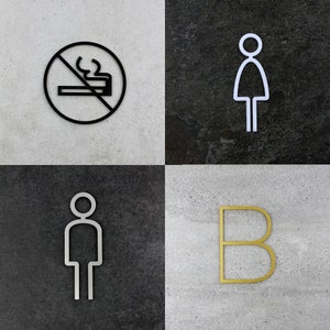 Puede incluir: Cuatro carteles en blanco y negro sobre un fondo blanco. El cartel superior izquierdo es un c&iacute;rculo con una l&iacute;nea que lo atraviesa y un cigarrillo con humo saliendo de &eacute;l. El cartel superior derecho es una figura de palo de una persona con un c&iacute;rculo para la cabeza. El cartel inferior izquierdo es una figura de palo de una persona con un c&iacute;rculo para la cabeza. El cartel inferior derecho es una letra B dorada.
