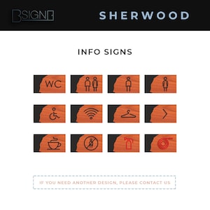 May include: A set of 12 wooden signs with various symbols, including WC, male and female restroom signs, wifi, hanger, arrow, coffee cup, no smoking, fire extinguisher, and fire hose. The signs are all black with a wood grain texture and red or black symbols.