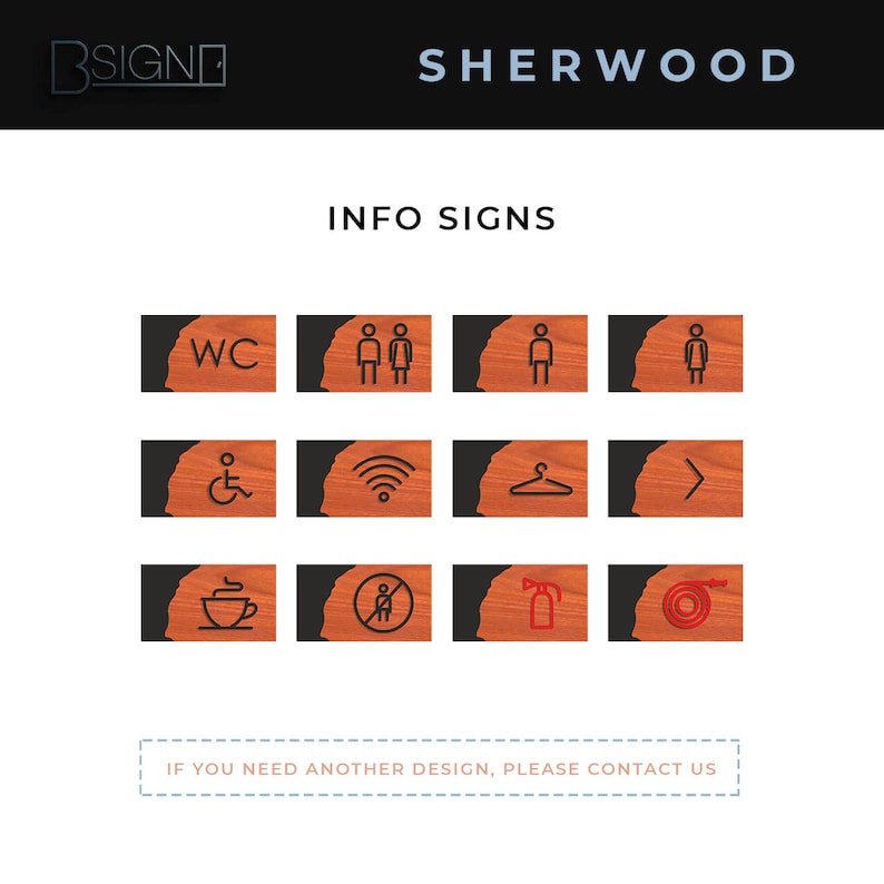 May include: A set of 12 wooden signs with various symbols, including WC, male and female restroom signs, wifi, hanger, arrow, coffee cup, no smoking, fire extinguisher, and fire hose. The signs are all black with a wood grain texture and red or black symbols.