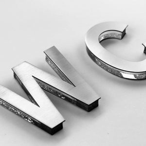 May include: Silver metal letters spelling out "WC" with a sparkly finish. The letters are on a white background.