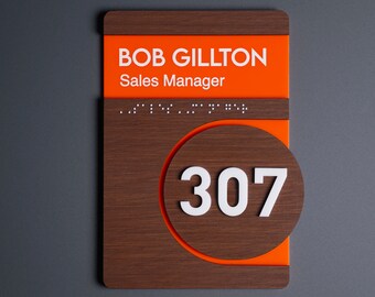 Custom Office Door Sign: Wood & Steel Name and Number Plate