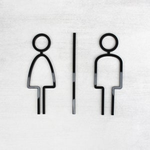 Puede incluir: Esquema en blanco y negro de un s&iacute;mbolo de ba&ntilde;o para hombres y mujeres con una l&iacute;nea vertical que los separa.