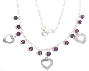 Collier argent 925 13x améthyste facettée 3x coeur argent GracyCollection