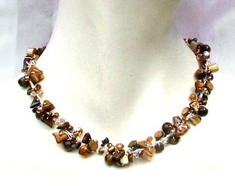 Necklace silver tiger eye mother of pearl freshwater cultured pearls crystals multi brown MermaidCollection