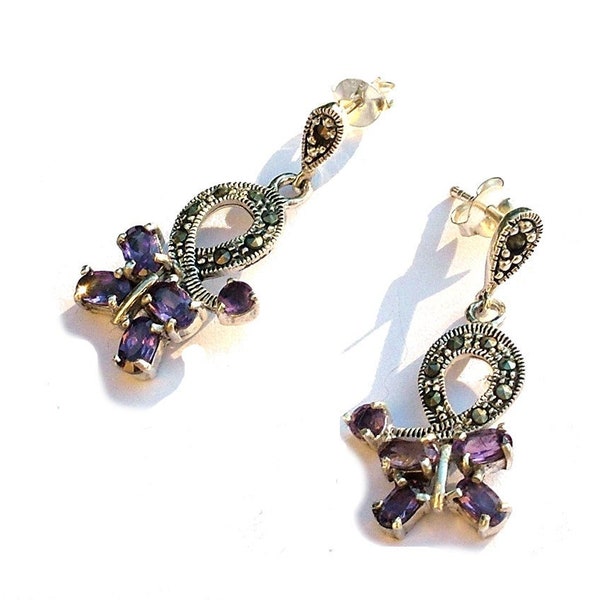 Earrings 925 silver amethyst 10x lavender faceted 16x marcasite marcasite jewelry