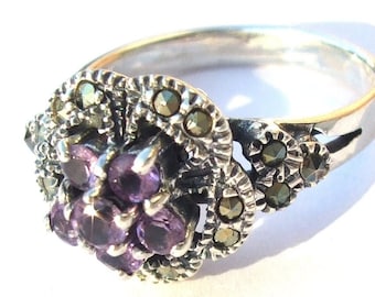 Bague 925 argent 6x améthyses violettes 16x marcassite 925 argent fleur étincelante marcassite bijoux