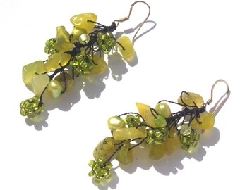 Boucles d'oreilles argent 925 14x serpentine 4x perles de culture d'eau douce fleurs vert clair MermaidCollection