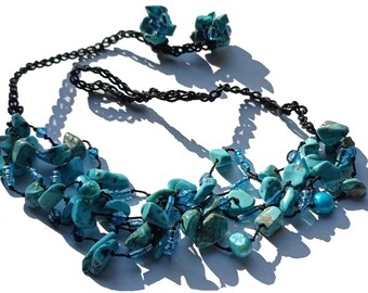 Collier 50x turquoise 5x perles bleu turquoise partiellement nouées 5 rangs MermaidCollection