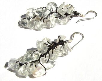 Boucles d'oreilles argent 925 28x cristal de roche 4x perles blanc clair nouées soie noire MermaidCollection