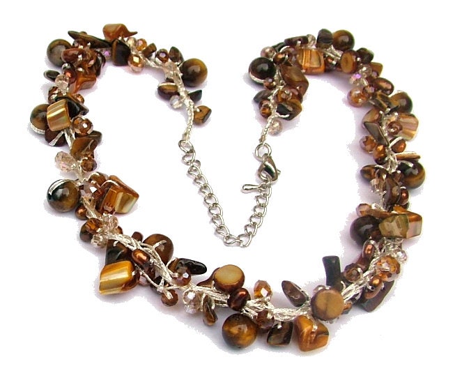 Collier En Pierres Véritables : Perles D'eau Douce Nacrées Et Oeil De Tigre