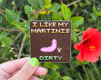 Worm Sticker, Martini, Vinyl Laminated, Retro, 8 Bit, Cute Worm Decal