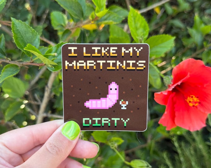 Worm Sticker, Martini, Vinyl Laminated, Retro, 8 Bit, Cute Worm Decal