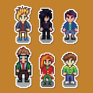 Puede incluir: Seis pegatinas de personajes de pixel art. Cada personaje tiene un atuendo y peinado únicos. Los personajes visten chaquetas, camisas y pantalones de varios colores. Las pegatinas están sobre un fondo marrón.