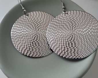 Silver-colored round hanging earrings minimalist design gift desired text also direct shipping