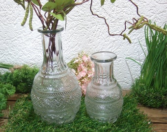 2 er Set Glas Vase Flasche klar 2 Größen mit Ornamenten Dekoflasche Dekovase