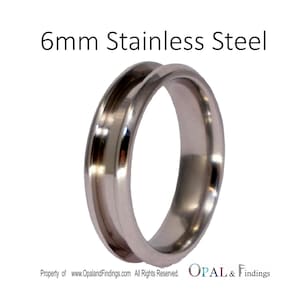 May include: A 6mm wide stainless steel ring with a beveled edge. The ring is smooth and shiny.