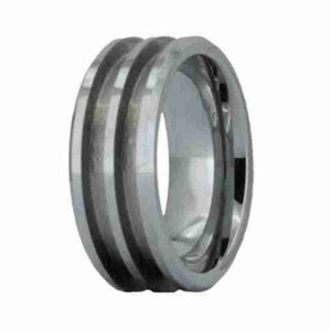 May include: A silver tungsten carbide ring with a double groove design.