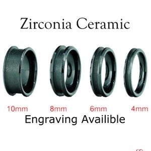 May include: Four black zirconia ceramic rings in different sizes: 10mm, 8mm, 6mm, and 4mm. The text "Zirconia Ceramic" and "Engraving Available" is printed below the rings.