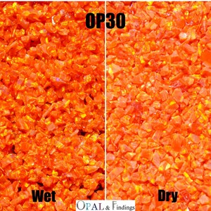 May include: Close-up of orange-colored, crushed opal chips, with the text "OP30" at the top. The left side shows the chips as "Wet", and the right side shows them as "Dry". The logo "OPAL & Findings" is at the bottom.