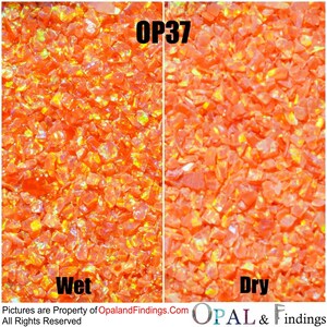 May include: Close-up of iridescent orange glass pieces, wet and dry. The glass pieces are small and irregular in shape. The text "OP37" is visible in the top right corner of the image. The text "Wet" is visible in the bottom left corner of the image. The text "Dry" is visible in the bottom right corner of the image. The text "Pictures are Property of OpalAndFindings.com All Rights Reserved" is visible in the bottom left corner of the image. The text "OPAL & findings" is visible in the bottom right corner of the image.