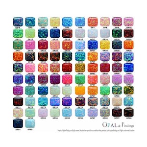 May include: A chart of 92 different opal cabochons, each with a unique color and pattern. The cabochons are arranged in rows and columns, and each one is labeled with a number. The chart is titled "Opal & Findings".