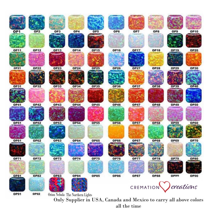May include: A chart of 92 different opal cabochons, each with a unique color and pattern. The chart is labeled with numbers from OP1 to OP92.