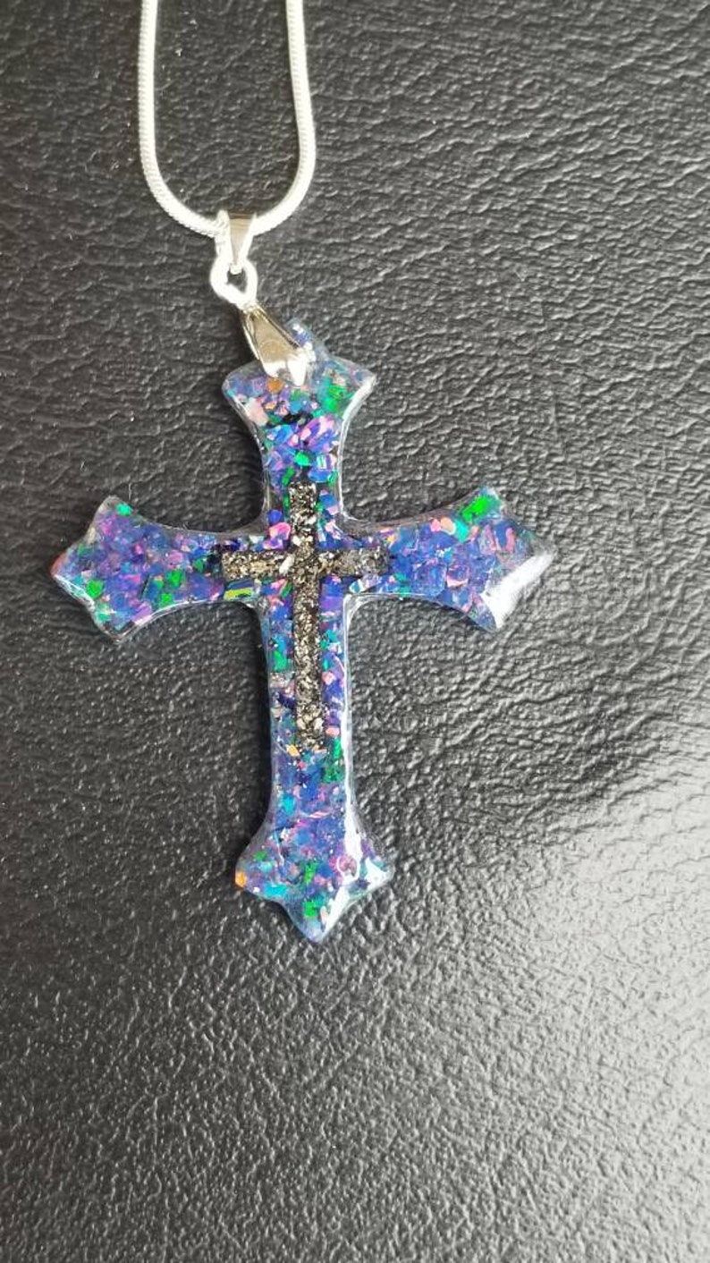 infused with ashes and opal. Cremation Cross pendant